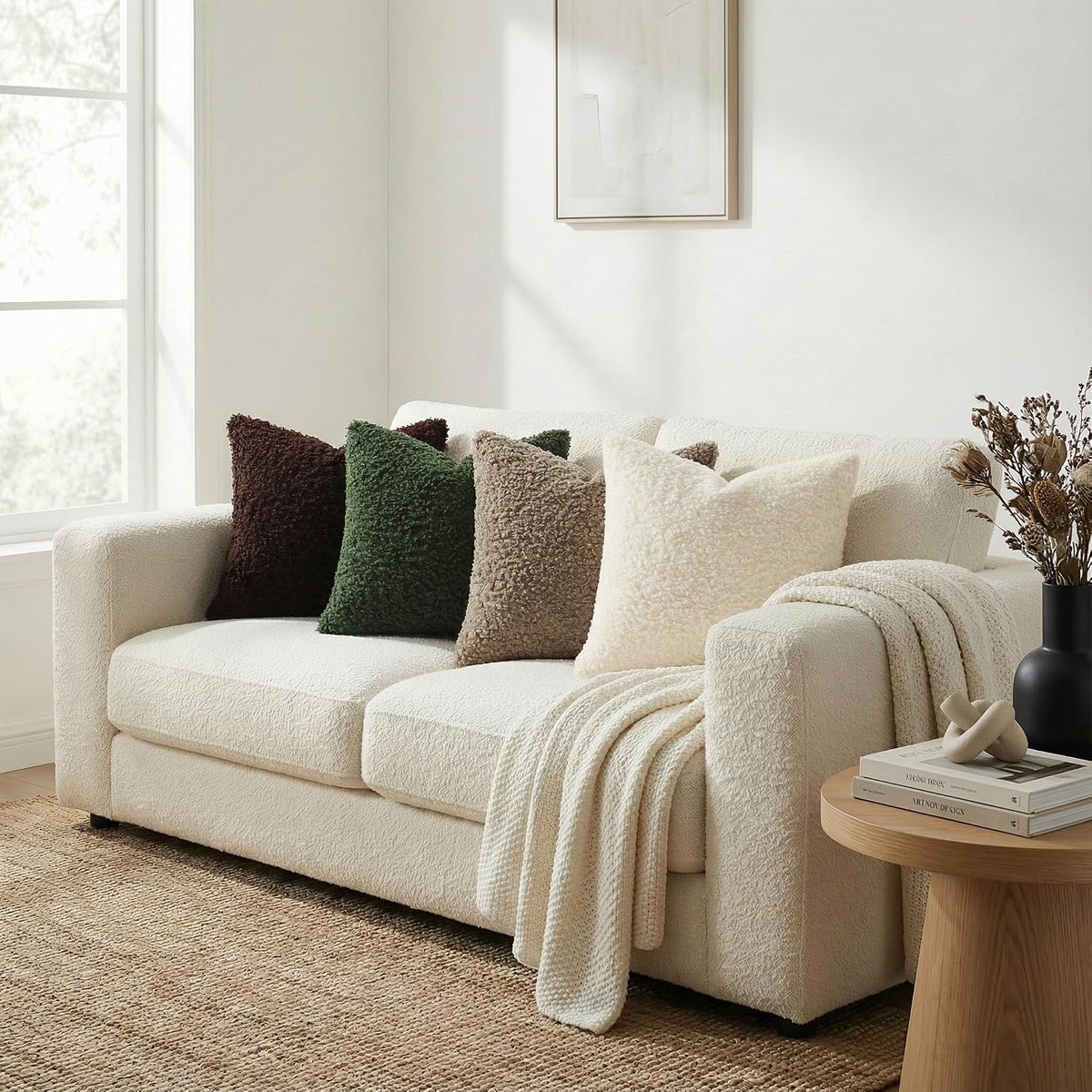 decorUhome Sherpa Throw Pillow Covers 18x18 Set of 2 Neutral Cream