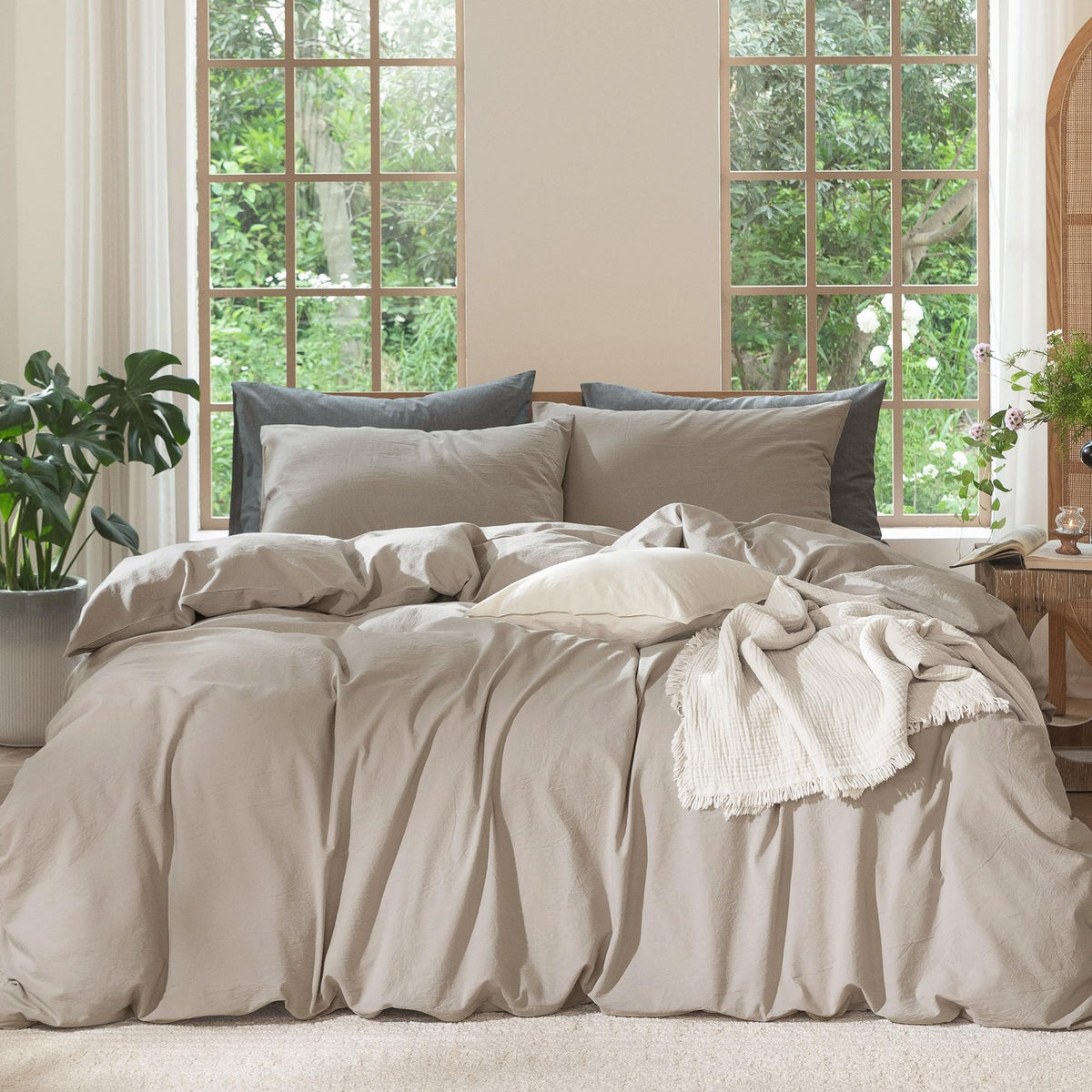 MooMee Duvet Cover Set 100% Washed Cotton Linen Like Queen