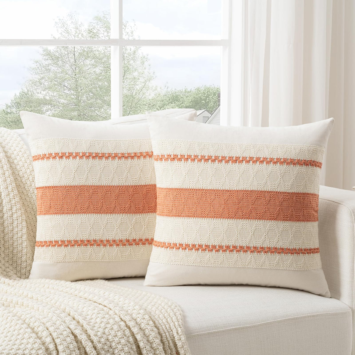 Fancy Homi Set of 2 Rust Boho Decorative Throw Pillow Covers 18x18 Inch for Couch Bed Sofa, Aesthetic Modern Organic Fall Room Decor, Soft Cotton Cute Terracotta Textured Farmhouse Cushion Case