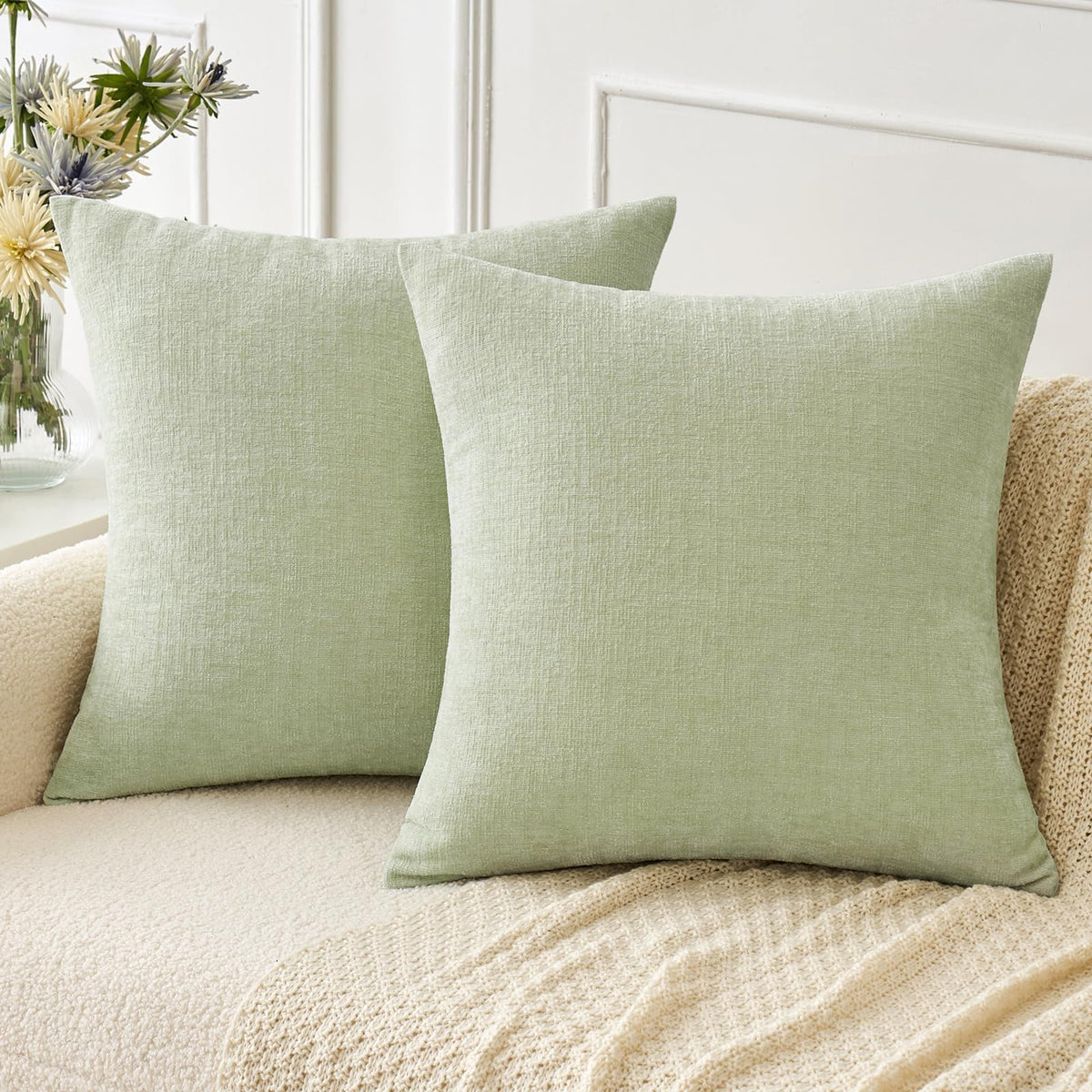 MIULEE Soft Chenille Throw Pillow Covers Sage Green 18x18 Inch Pack of 2