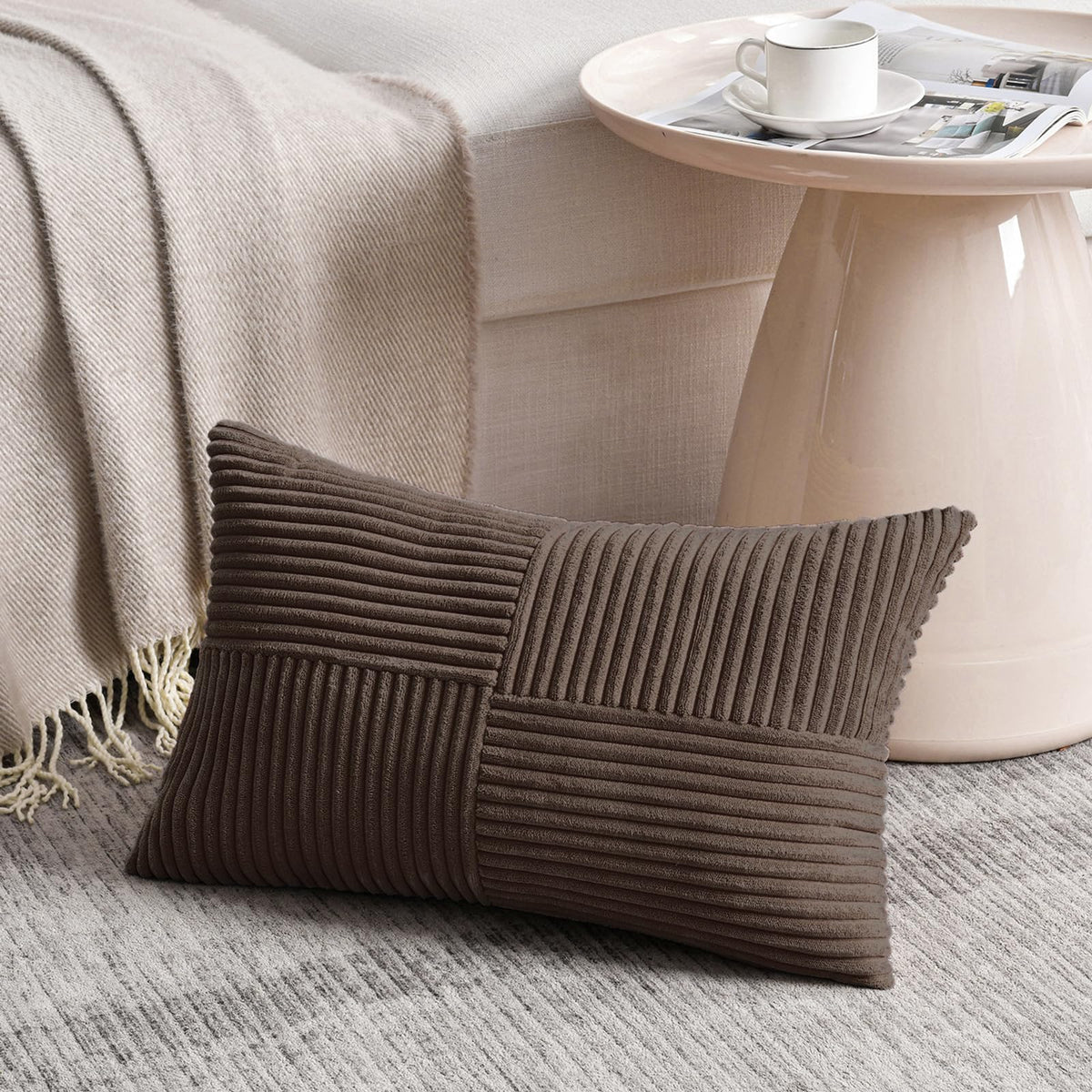Fancy Homi Blush Pink Lumbar Decorative Throw Pillow Covers 12x20 Inch for Living Room Couch Bed, Rustic Farmhouse Boho Home Decor, Soft Striped Corduroy Rectangle Accent Cushion Case 30x50 cm