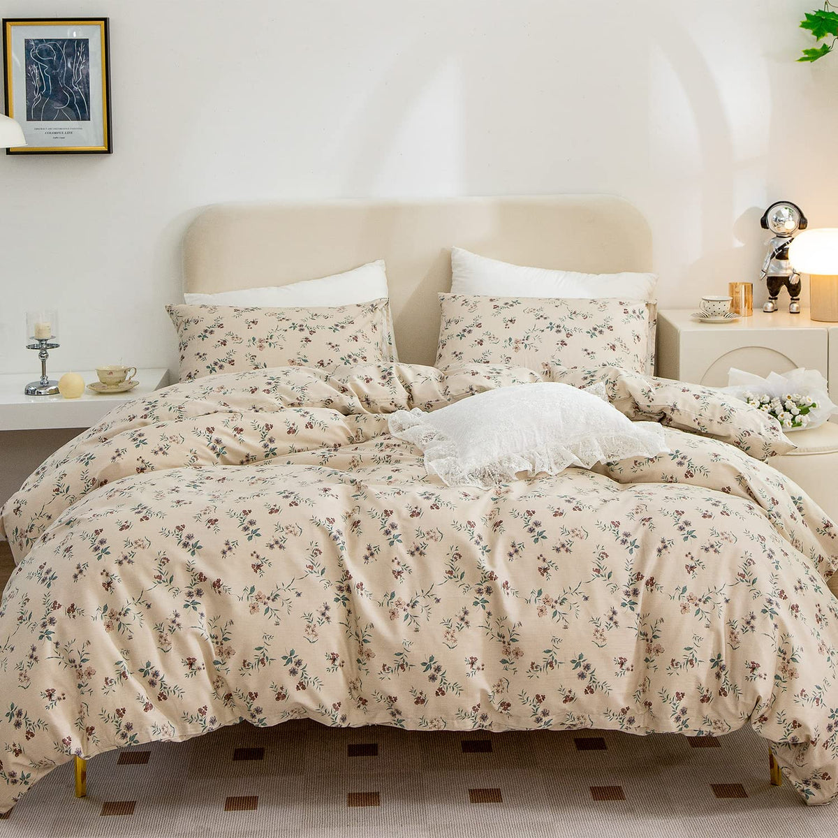 King Size Duvet Cover Set Floral Luxury Soft Brushed Microfiber Crinkle Gauze Fabric 3 Pieces Bedding Set Flower Pattern Duvet Cover King with Zipper Closure Breathable Comfy