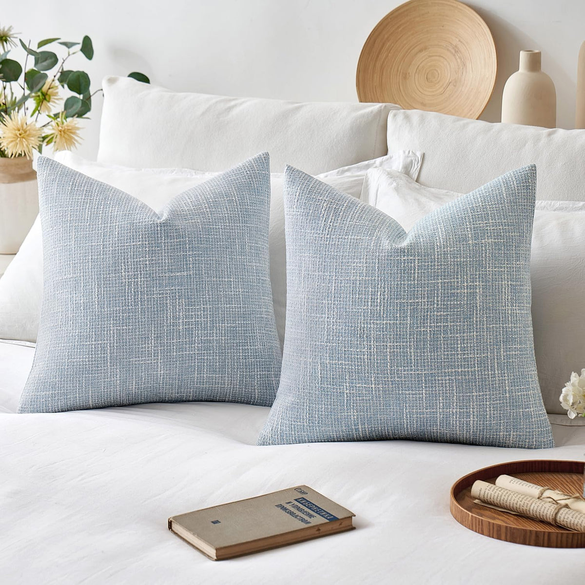 MIULEE Burlap Linen Throw Pillow Covers 18x18 Inch Set of 2 Light Blue