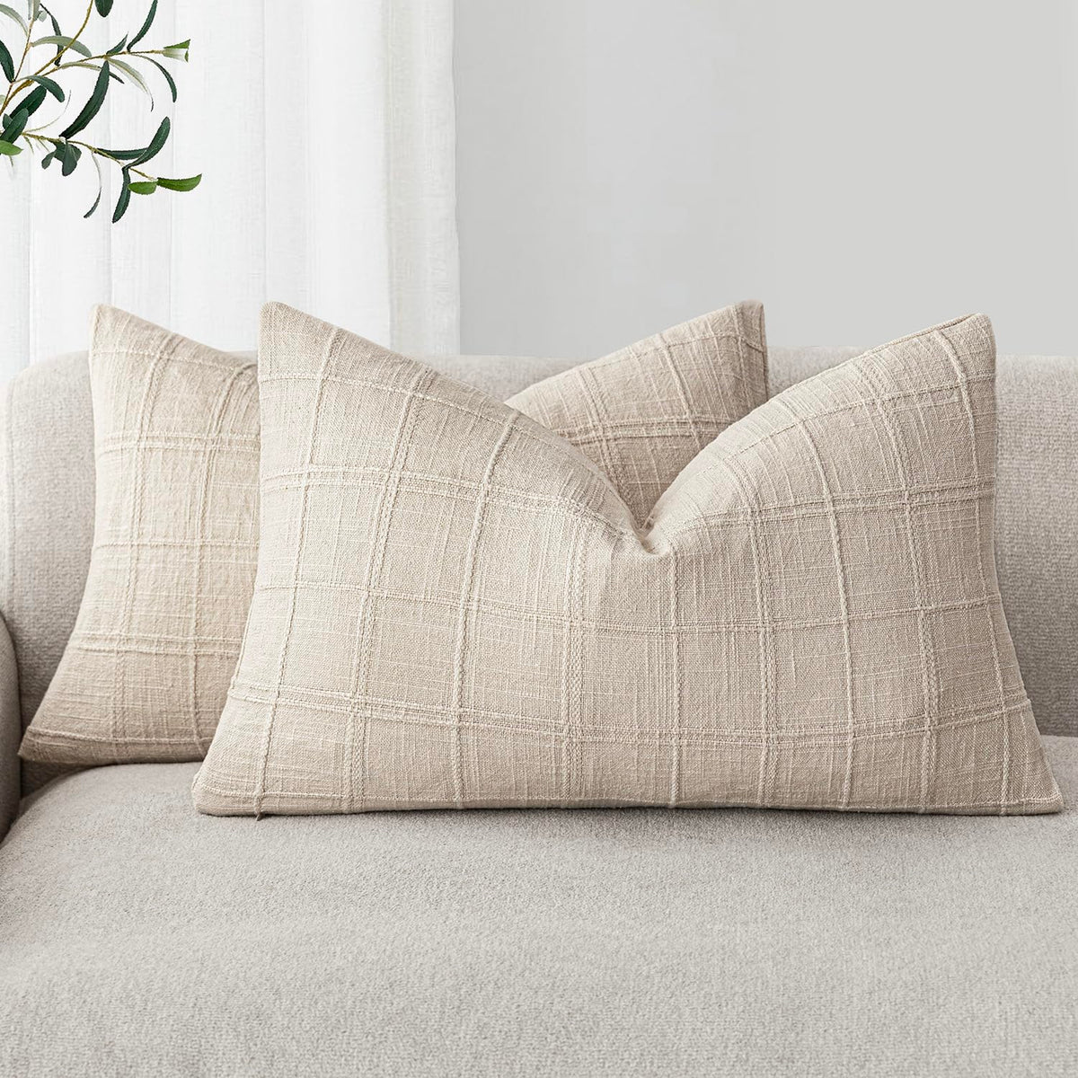 Foindtower Boho Linen Check Decorative Throw Pillow Cover 18×18 Olive Green