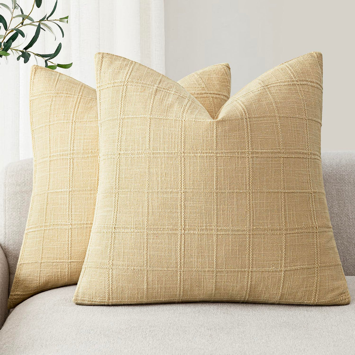 Foindtower Boho Linen Check Decorative Throw Pillow Cover 18×18 Olive Green