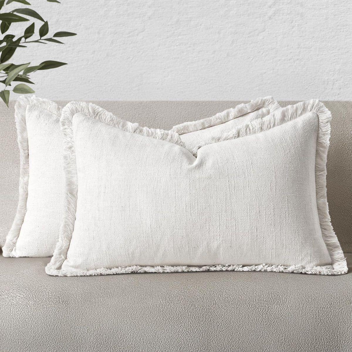MIULEE Boho Linen Fringe Decorative Throw Pillow Covers Olive Green 20x20