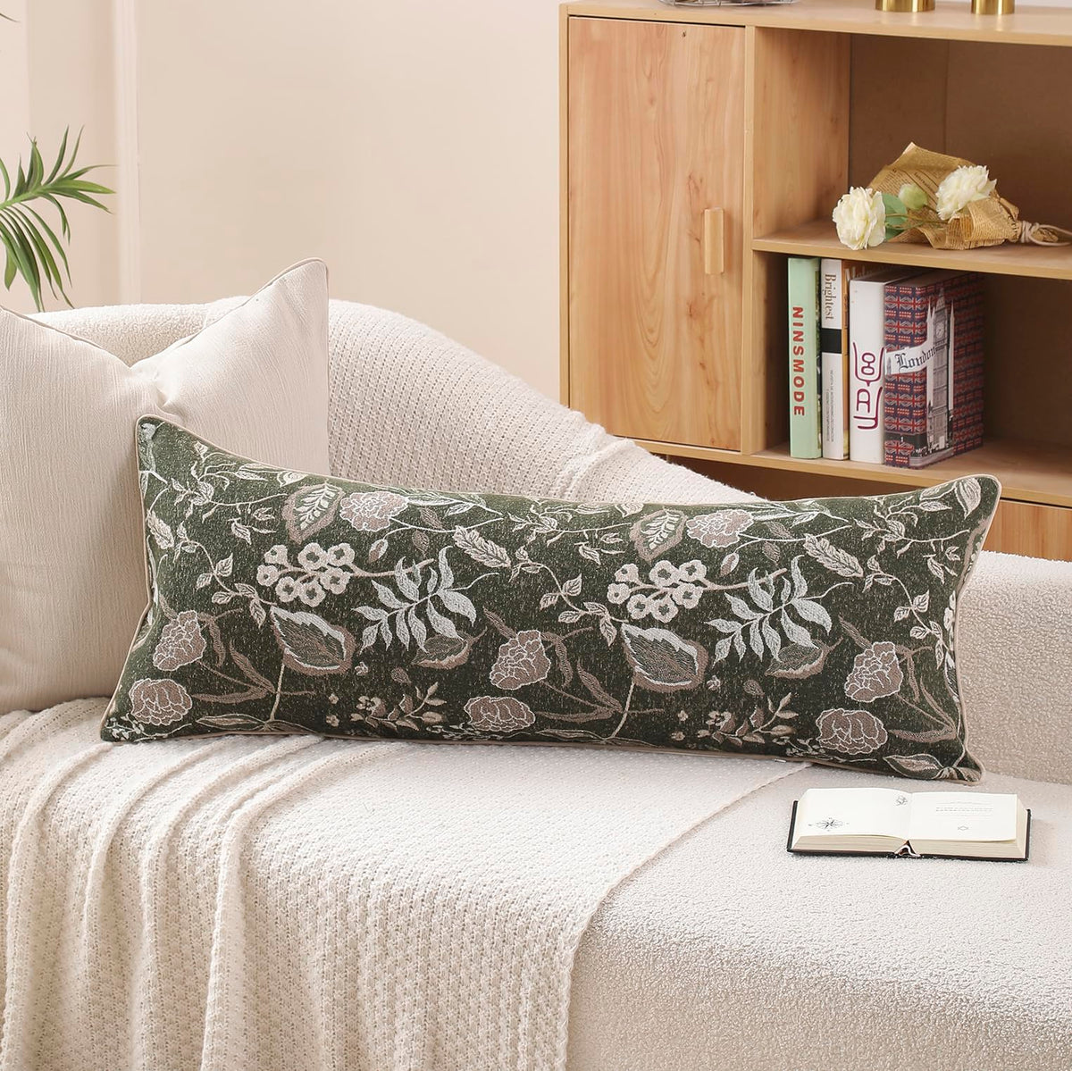 Green Floral Textured Throw Pillow Cover 18x18 Fall Vintage Rust Pillow Cover Farmhouse Summer Leaf Cushion Cover Chenille Neutral Flower Pillowcase Home Decor for Sofa Living Room Bedding