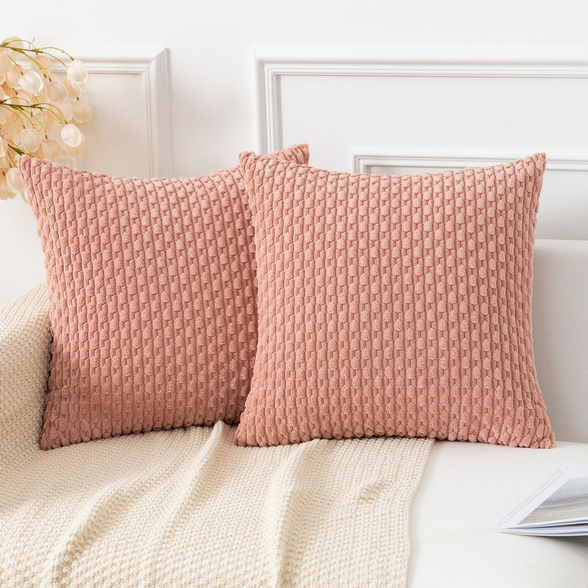 Kevin Textile Soft Corduroy 18x18 Inch Pillow Covers 2 Pack, Burnt Brick