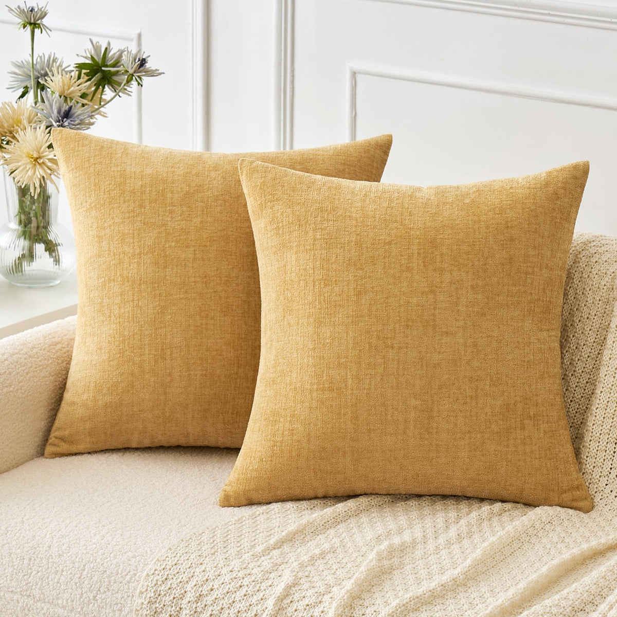 MIULEE Soft Chenille Throw Pillow Covers Teal 18x18 Inch Pack of 2