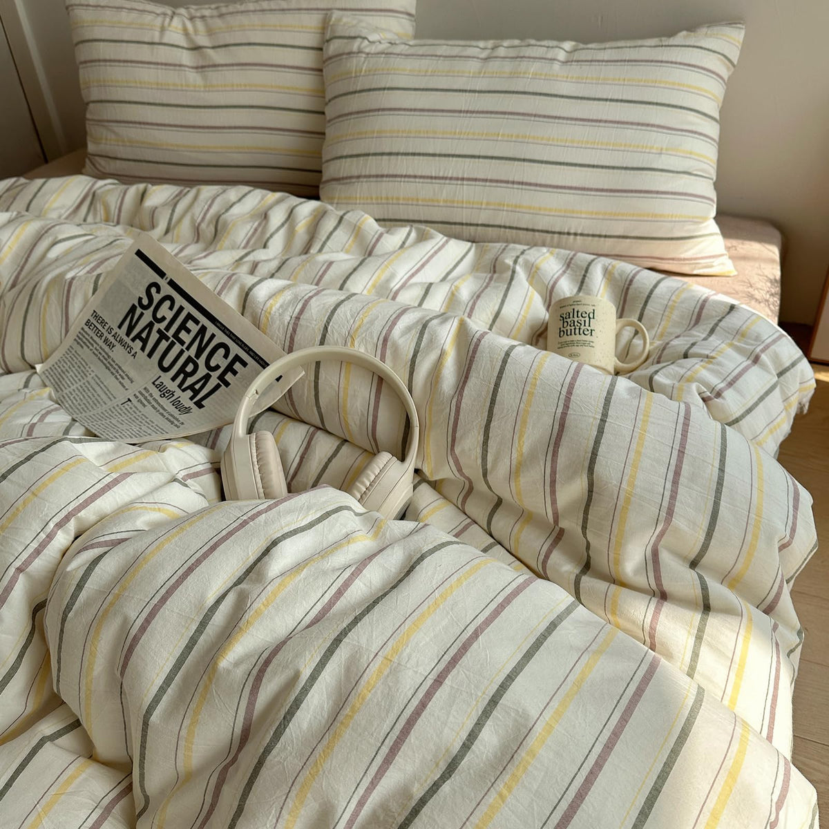 EAVD Retro Striped Duvet Cover Queen Soft 100% Washed Cotton Green Purple