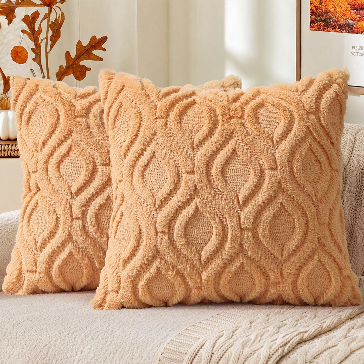 decorUhome Faux Fur Plush Soft Rust Throw Pillow Covers 18x18 Set of 2