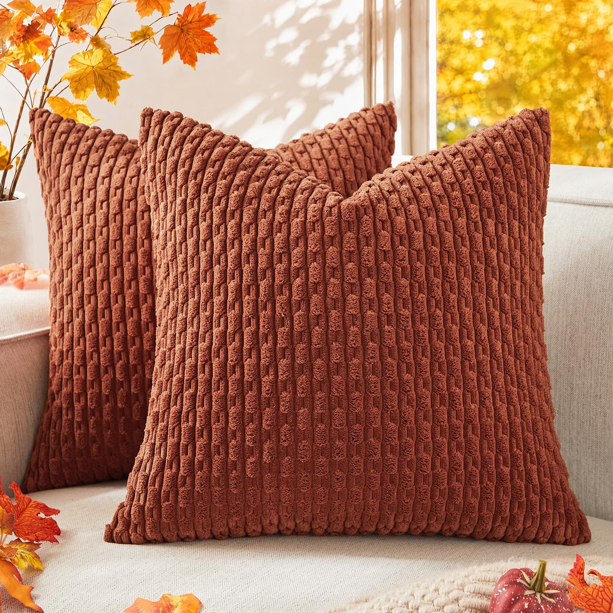 Kevin Textile Soft Corduroy 18x18 Inch Pillow Covers 2 Pack, Burnt Brick