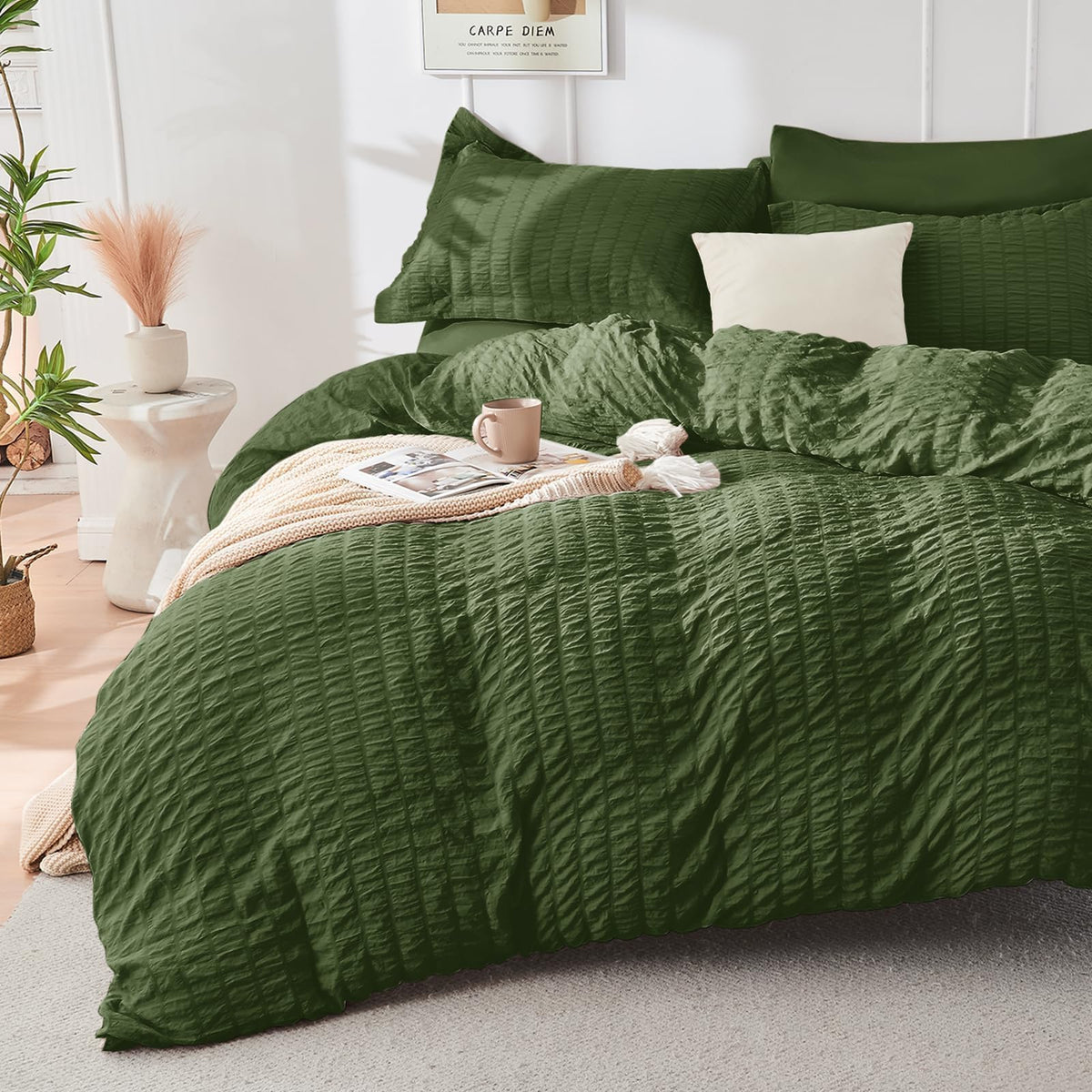 HYMOKEGE Beige Duvet Cover Queen Size, Ultra Soft 3-Piece Seersucker Duvet Cover Set with Zipper Closure, Soft Brushed Microfiber Bedding Set with 8 Corner Ties (90"x90", 2 Pillowshams)
