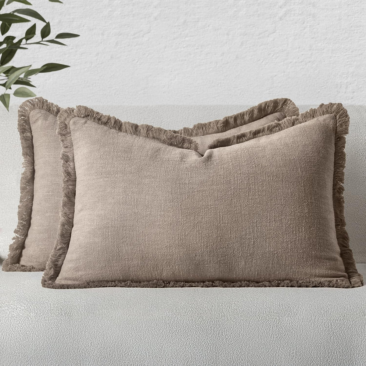MIULEE Boho Linen Fringe Decorative Throw Pillow Covers Olive Green 20x20