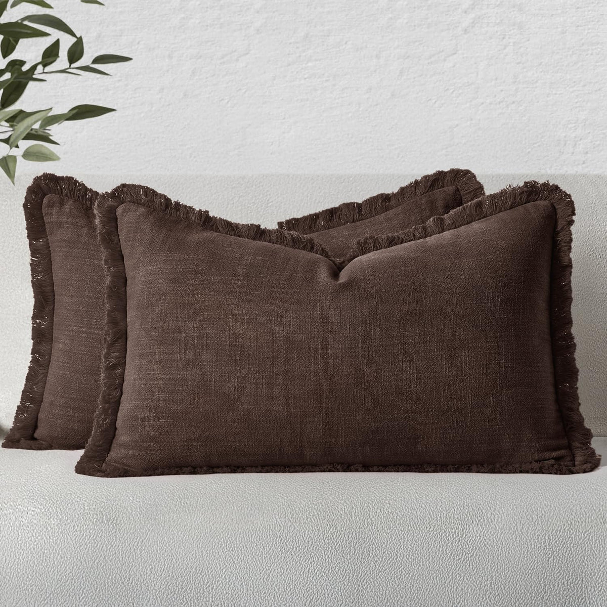 MIULEE Boho Linen Fringe Decorative Throw Pillow Covers Olive Green 20x20