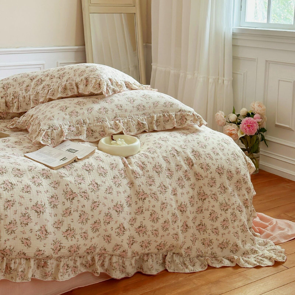 BuLuTu 100% Cotton Muslin Duvet Cover Twin for Kids Girls Boys, Shabby Chic Azalea Floral Duvet Covers Vintage Farmhouse Comforter/Quilt Cover with Ruffles, 68"x86", Zipper Closure, No Pillow
