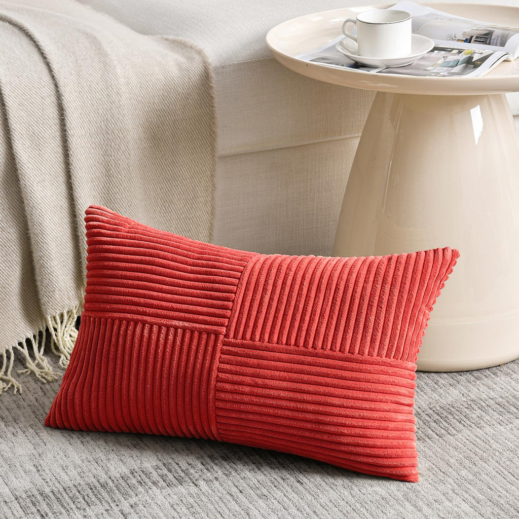 Fancy Homi Blush Pink Lumbar Decorative Throw Pillow Covers 12x20 Inch for Living Room Couch Bed, Rustic Farmhouse Boho Home Decor, Soft Striped Corduroy Rectangle Accent Cushion Case 30x50 cm