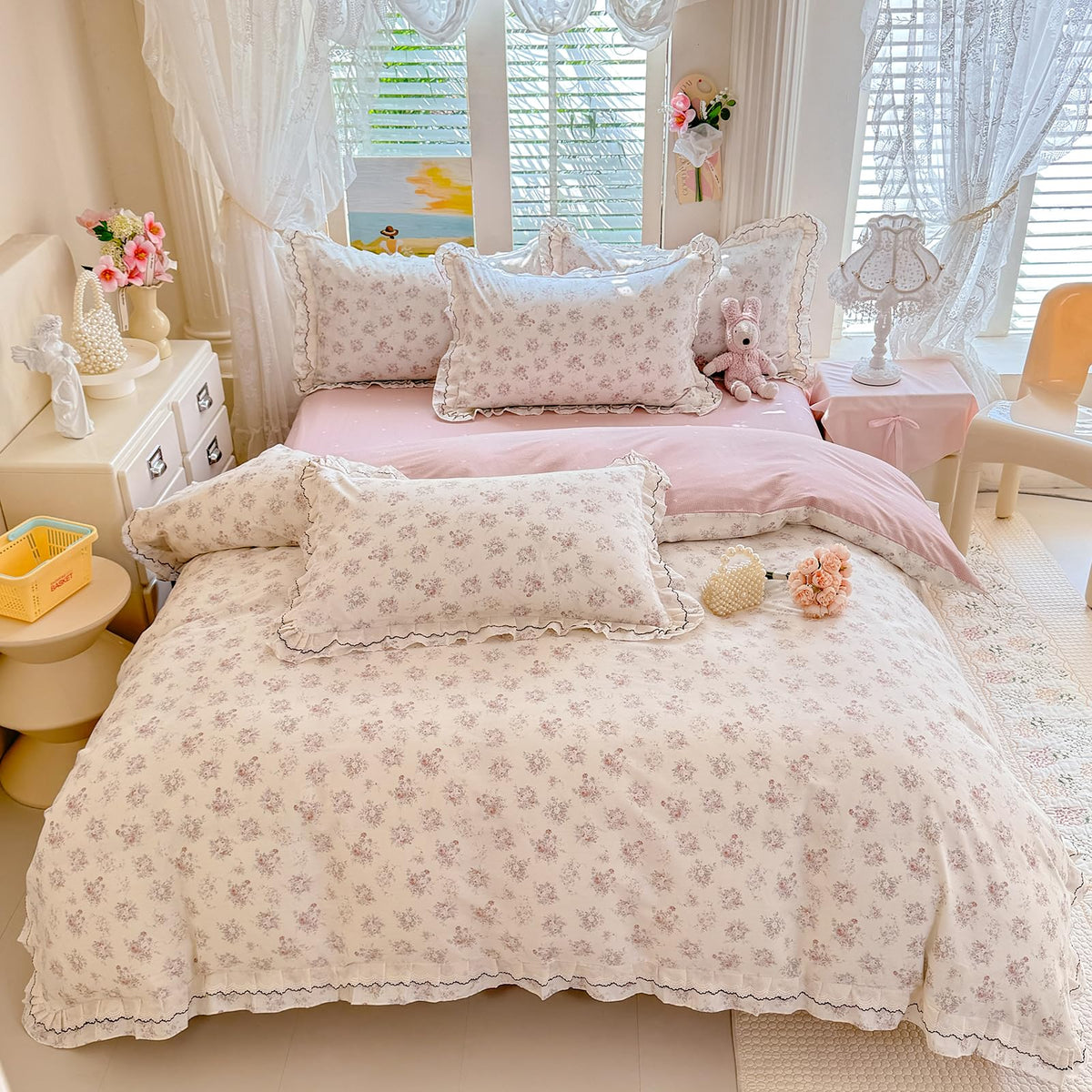 French Chic Ruffled Duvet Cover Queen Size Beige Wavy Jacquard Bedding Set 3 Pieces, Microfiber Zipper Comforter Cover and 2 Pillowcases Aesthetic Boho Girls Women Bedding Duvet Cover for All Seasons