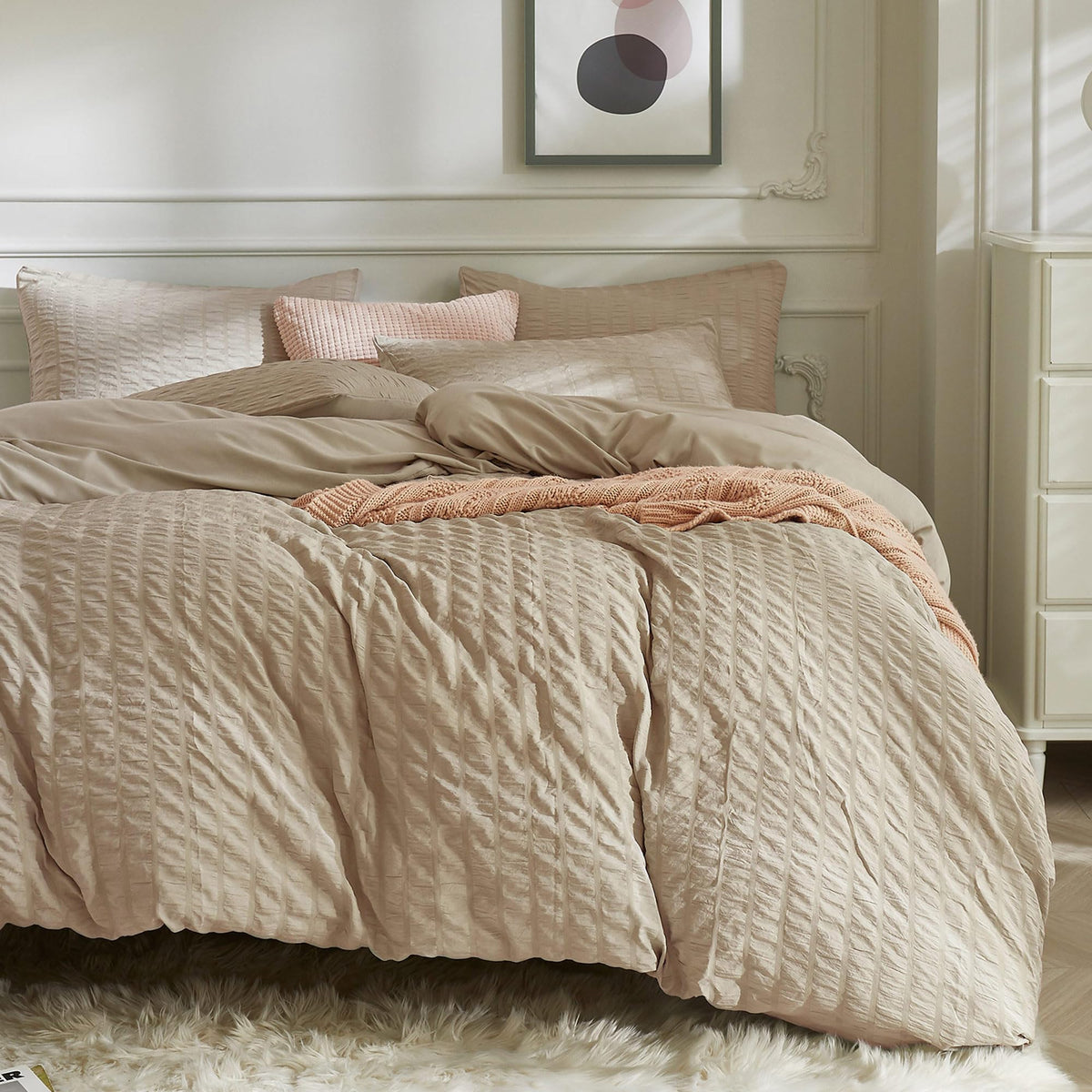 JELLYMONI White Seersucker Duvet Cover Set Queen Size