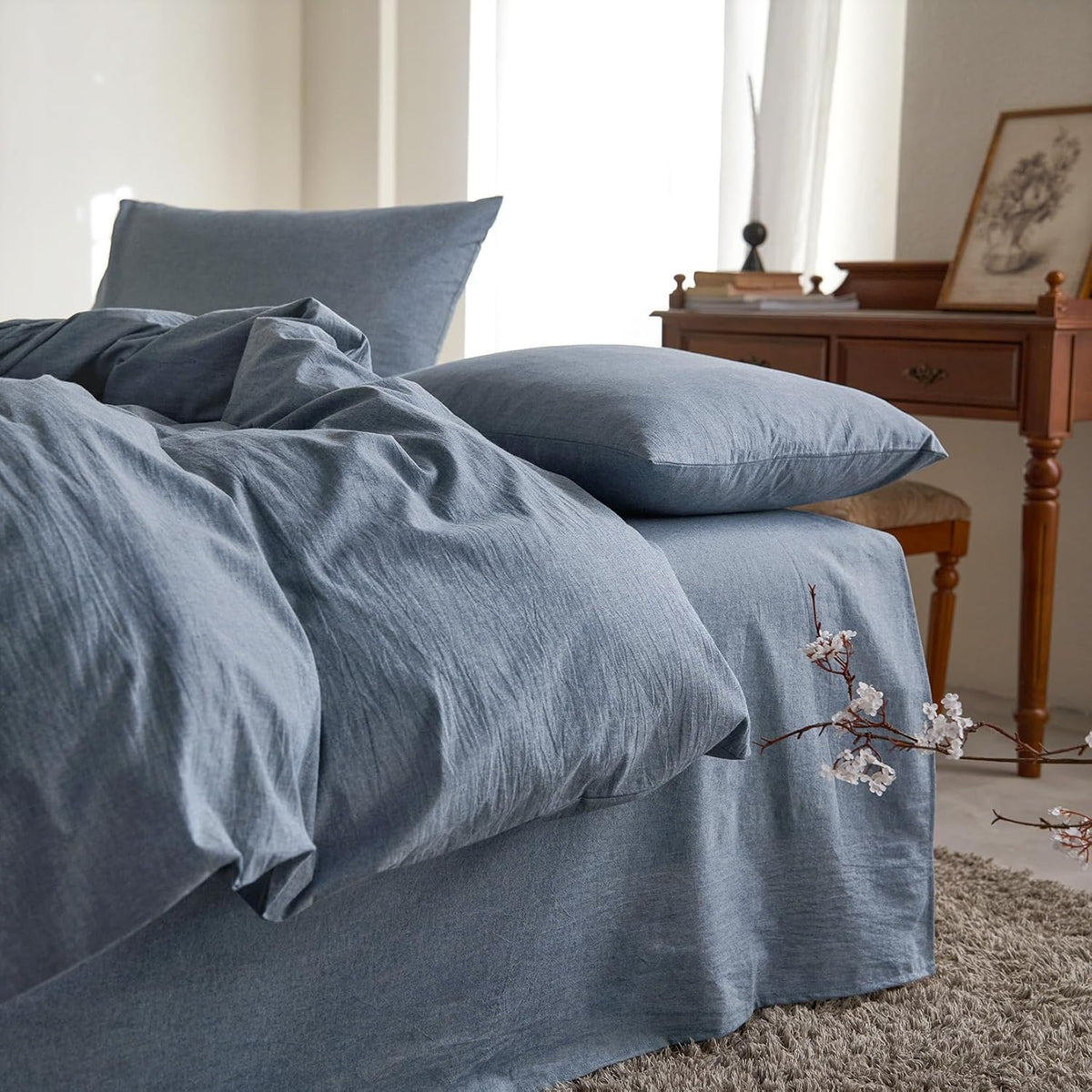 Wake In Cloud - Cotton Duvet Cover Set, 100% Washed Cotton, Linen Like Textured, Breathable Durable Comfy Farmhouse Neutral Bedding Set, 3 Pieces, Denim Blue, Queen Size