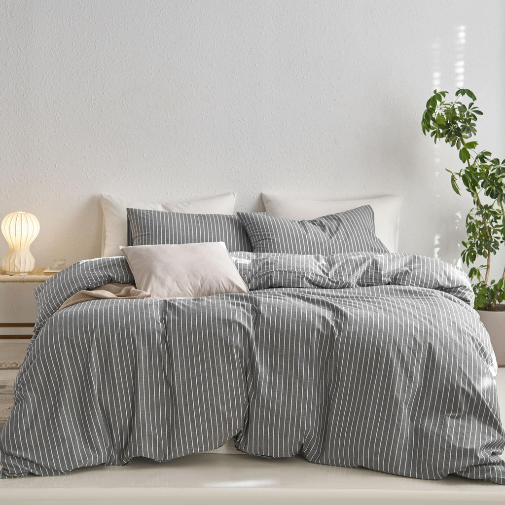 MooMee Striped Duvet Cover Set 100% Washed Cotton Linen Like Queen