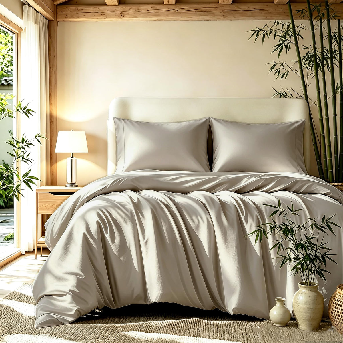 Queen Duvet Cover Set 3 Pieces, 100% Organic Viscose derived from Bamboo, Luxuriously Soft & Cooling, 1 Duvet Cover and 2 Pillowcases, 90" x 90"(Queen, Linen)