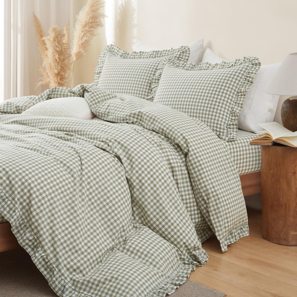 Taupe Gingham Ruffle Duvet Cover King Size 3 Piece