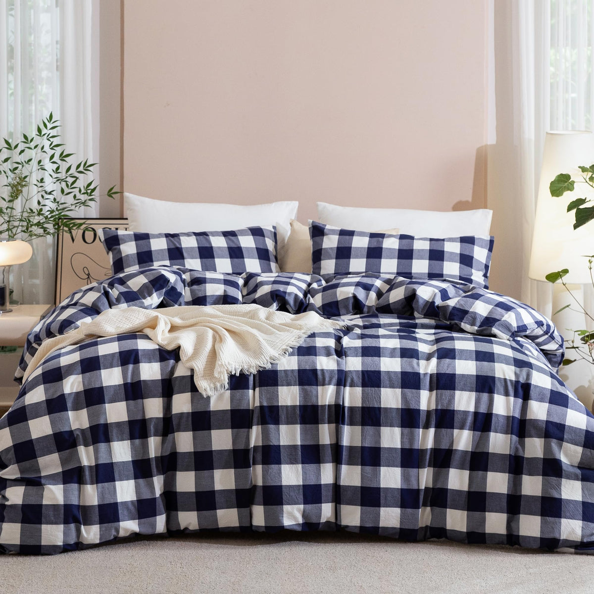 JIYUAN Queen Washed Cotton Duvet Cover Set, 3-Piece, Relaxed Linen Feel
