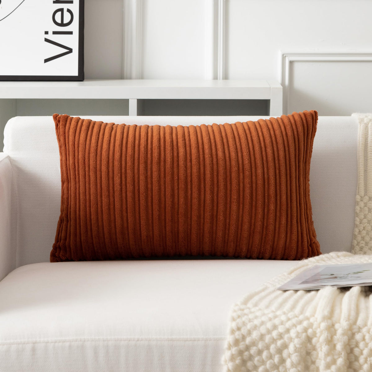 UGASA Velvet 12x20 Inch Lumbar Soft Throw Pillow Cover Boho Farmhouse Decorative Corduroy Striped Both Sides Solid Rectangular Cushion Case for Couch Bedroom Sofa Home, 1 Piece, Beige