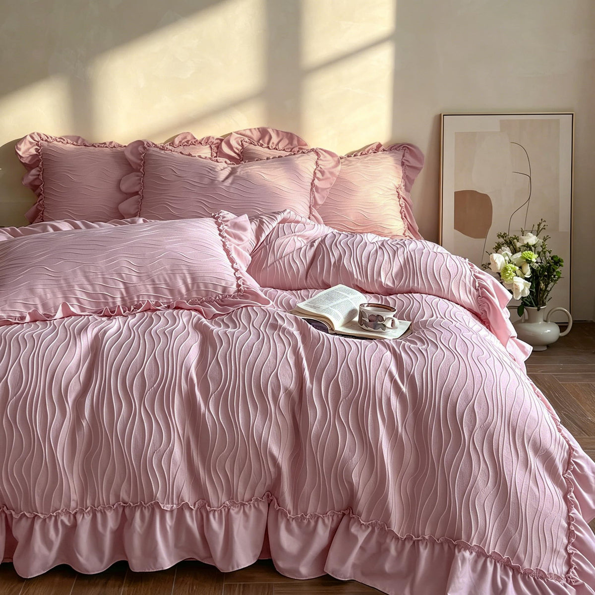 French Chic Ruffled Duvet Cover Queen Size Beige Wavy Jacquard Bedding Set 3 Pieces, Microfiber Zipper Comforter Cover and 2 Pillowcases Aesthetic Boho Girls Women Bedding Duvet Cover for All Seasons