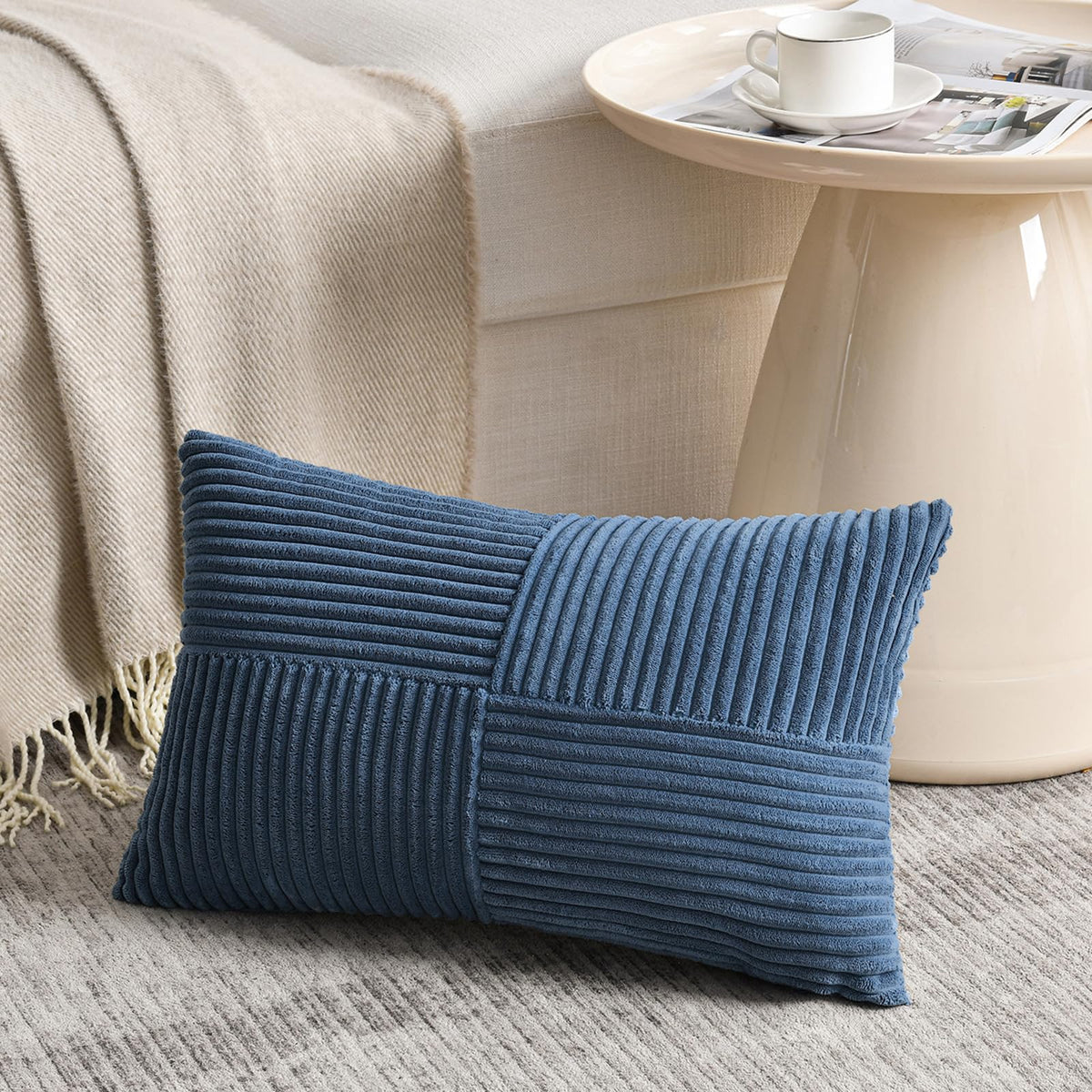 Fancy Homi Blush Pink Lumbar Decorative Throw Pillow Covers 12x20 Inch for Living Room Couch Bed, Rustic Farmhouse Boho Home Decor, Soft Striped Corduroy Rectangle Accent Cushion Case 30x50 cm