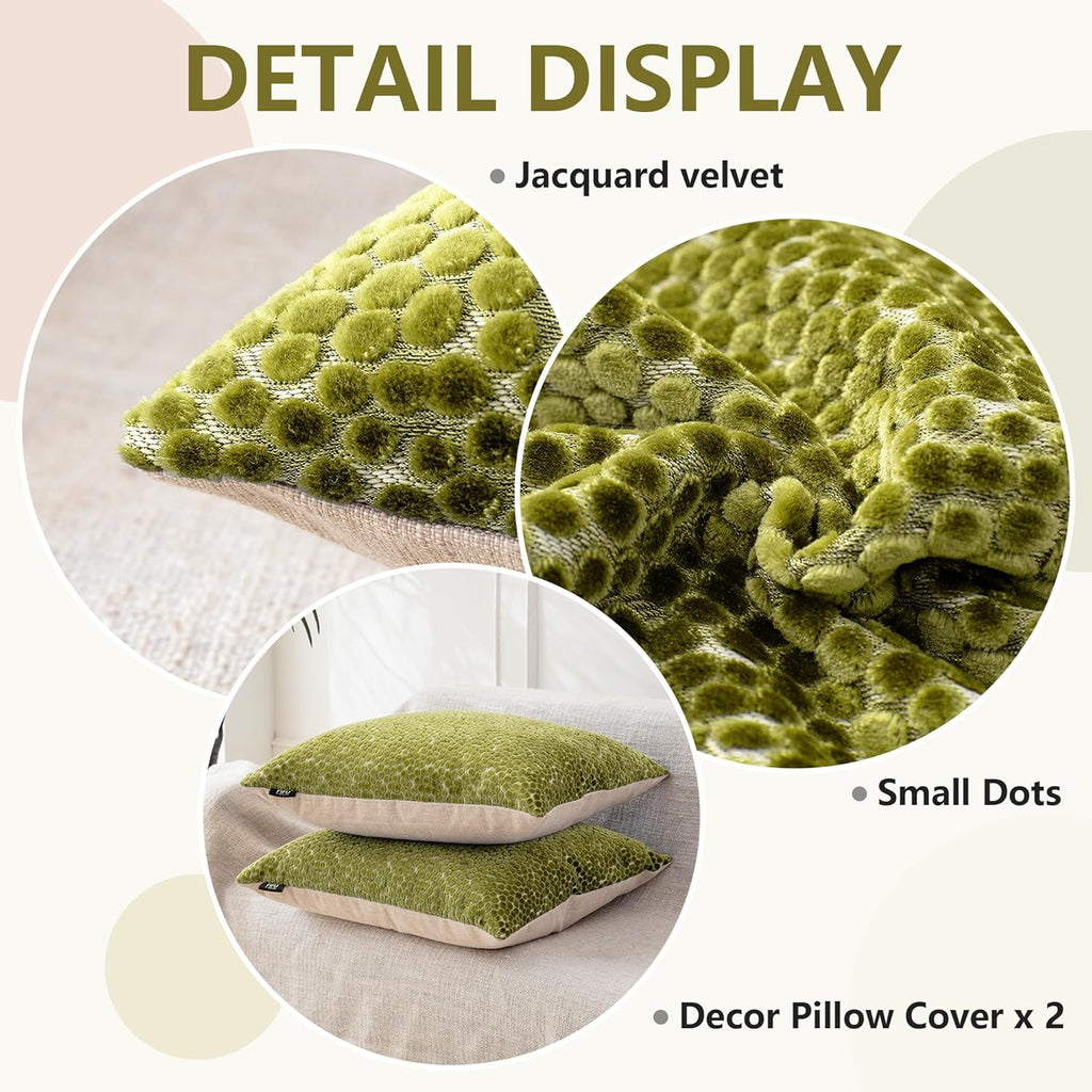 FIFU 18x18 Inch Throw Pillow Covers Set of 2, Jacquard Velvet, Olive Green