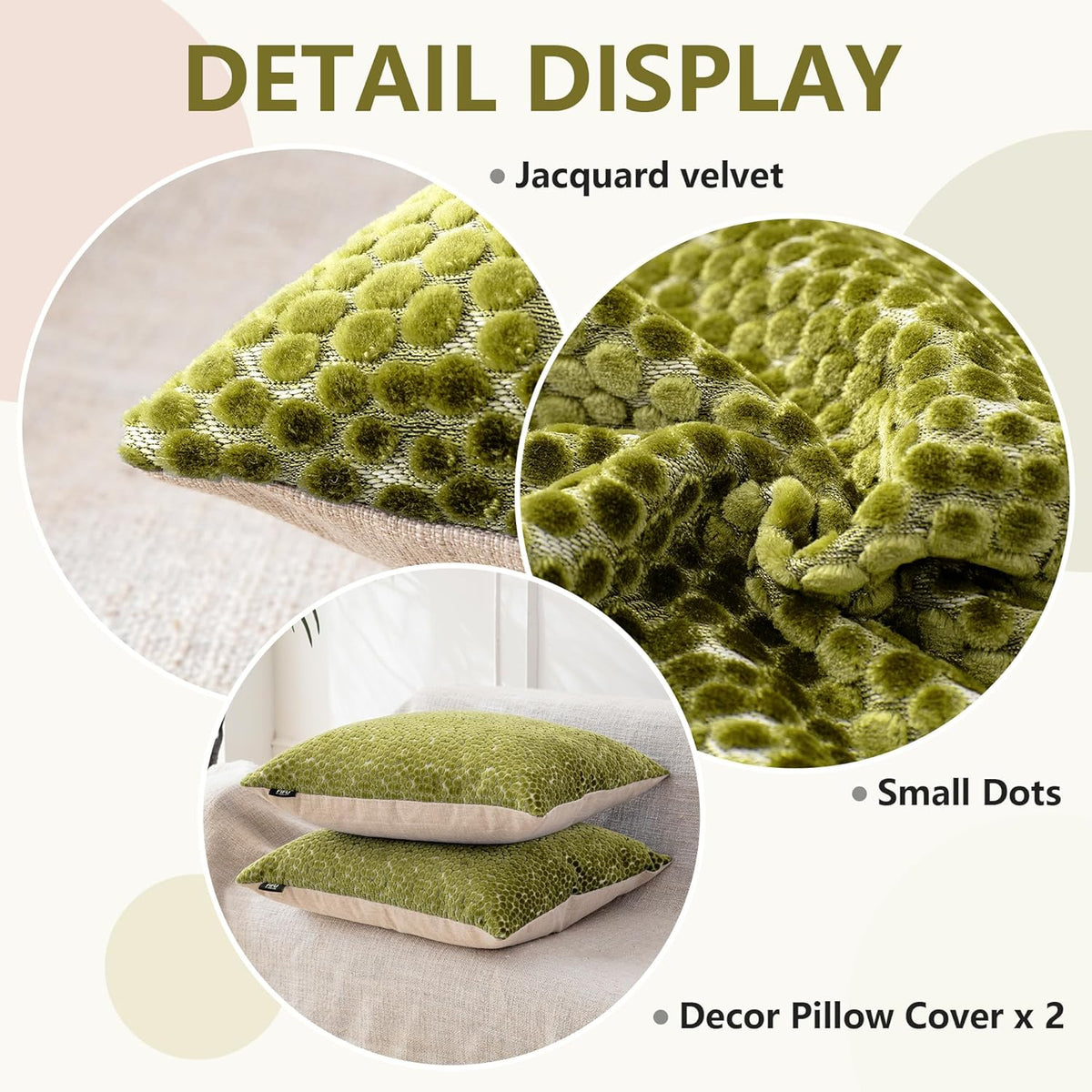 FIFU 18x18 Inch Throw Pillow Covers Set of 2, Jacquard Velvet, Olive Green