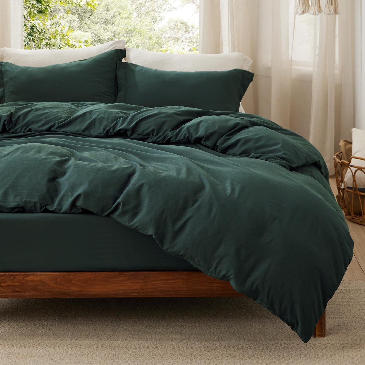 Bedsure Prewashed Duvet Cover Queen, Cotton-Like Bedding Set, Olive Green