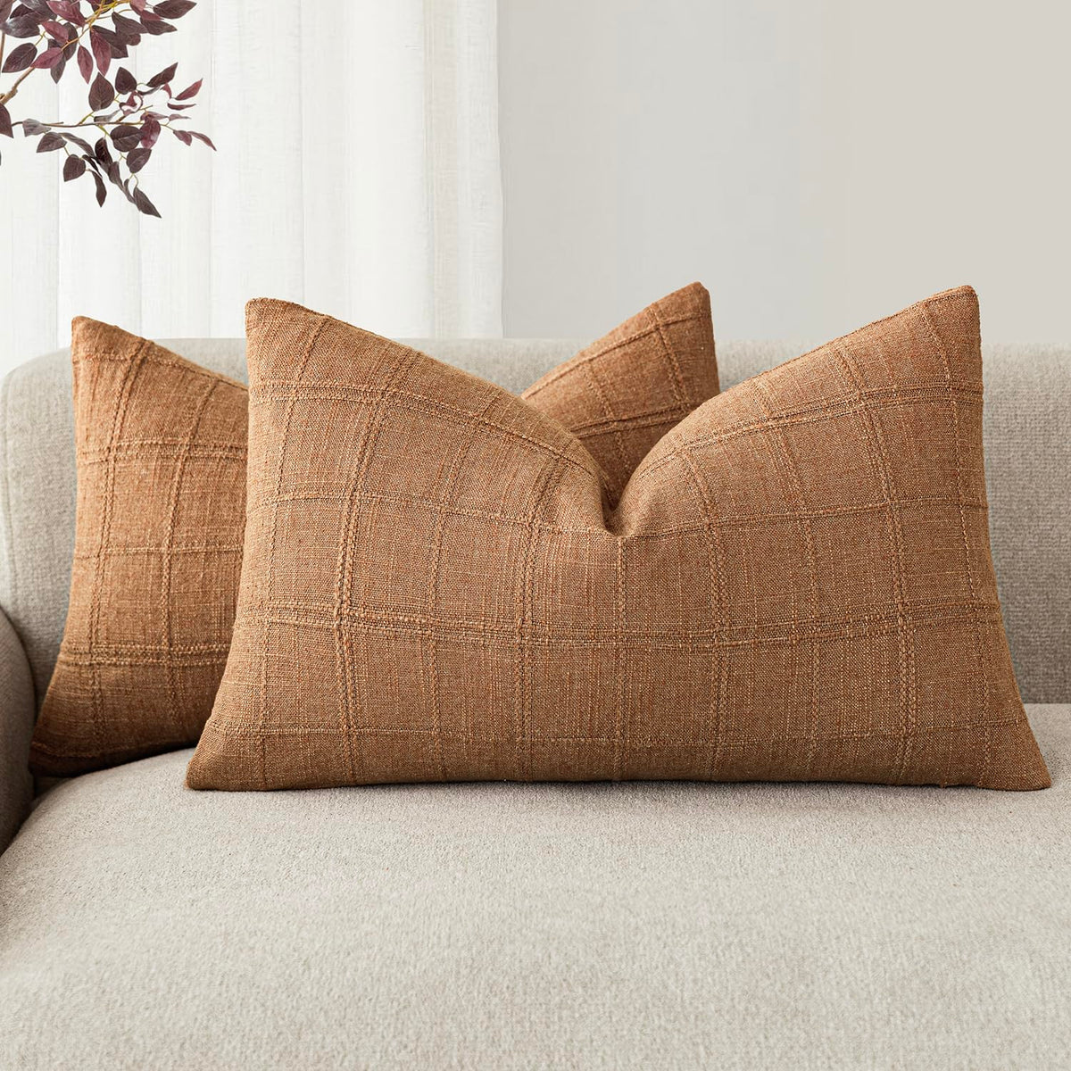 Foindtower Boho Linen Check Decorative Throw Pillow Cover 18×18 Olive Green