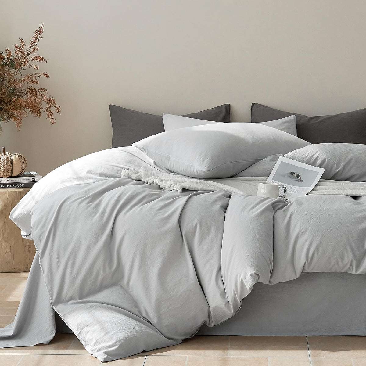JELLYMONI 100% Cotton King Duvet Cover Set, Washed Linen-Like Texture