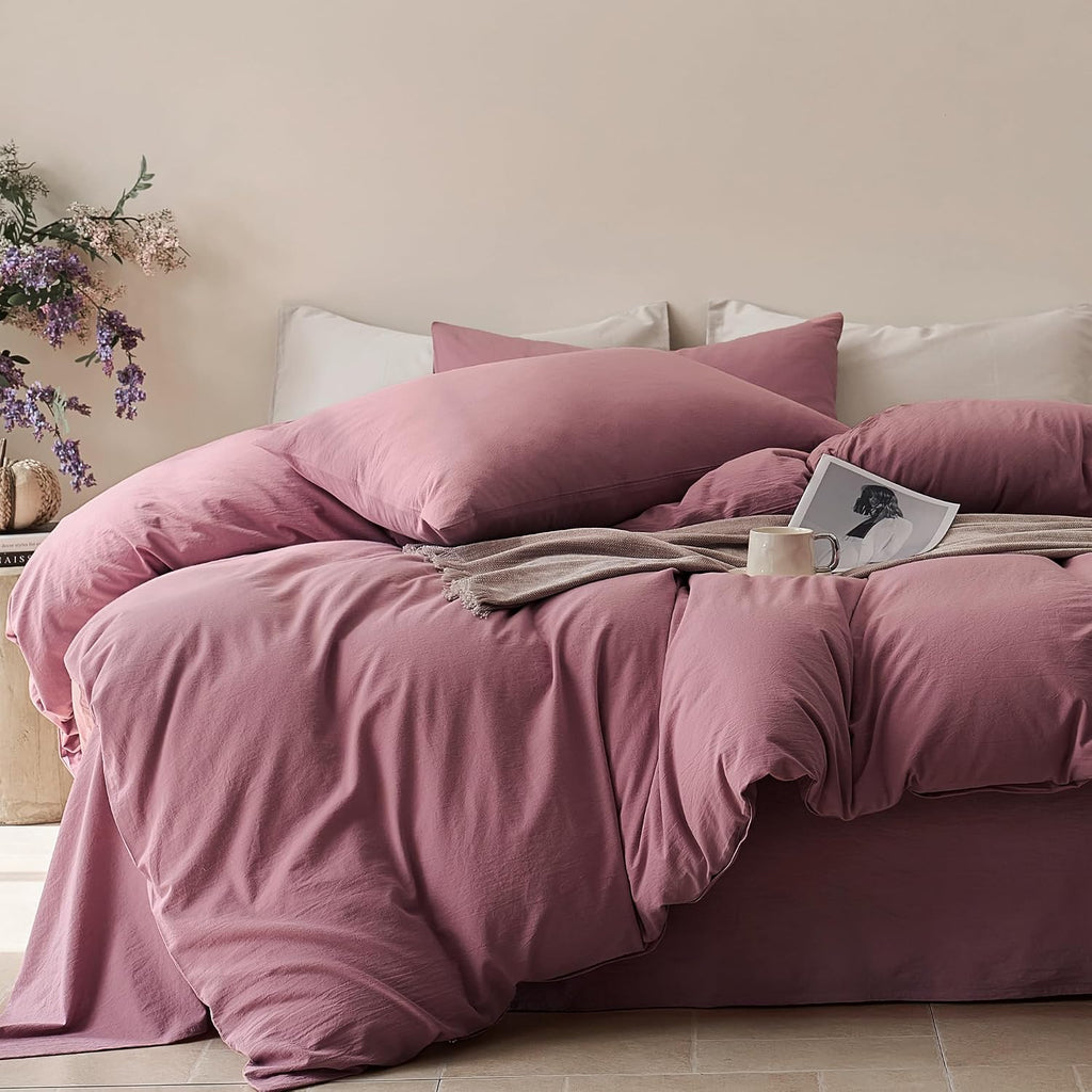 JELLYMONI 100% Cotton King Duvet Cover Set, Washed Linen-Like Texture