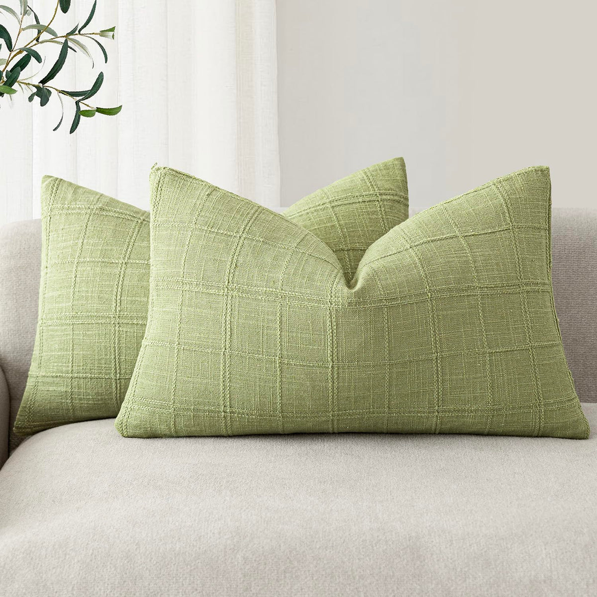 Foindtower Boho Linen Check Decorative Throw Pillow Cover 18×18 Olive Green