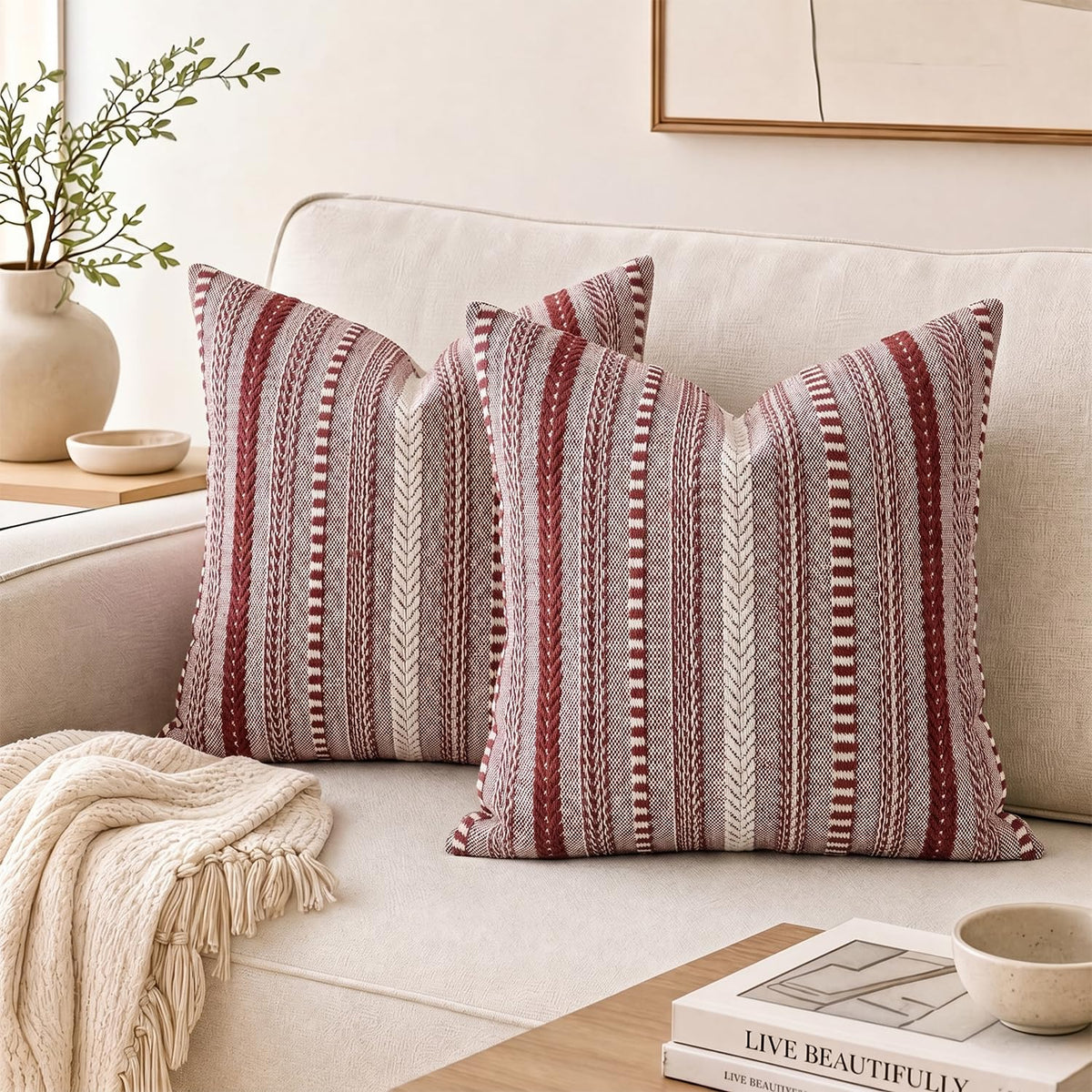 AVOIN colorlife Pink Boho Decorative Throw Pillow Covers Set of 2, 18 x 18 Inch Woven Stripe Textured Rustic Cushion Case Home Decor for Living Room Couch Sofa