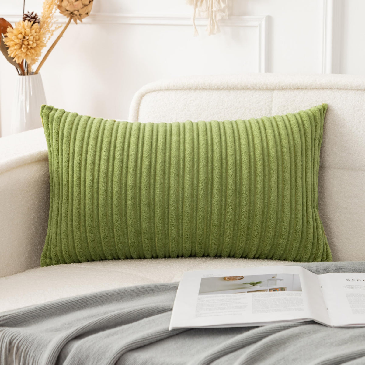 UGASA Velvet 12x20 Inch Lumbar Soft Throw Pillow Cover Boho Farmhouse Decorative Corduroy Striped Both Sides Solid Rectangular Cushion Case for Couch Bedroom Sofa Home, 1 Piece, Beige