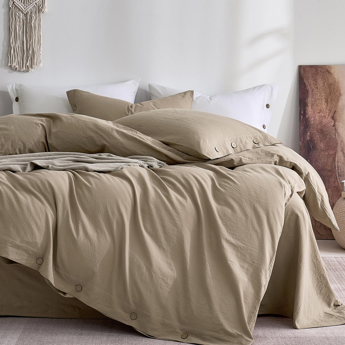 JELLYMONI 100% Washed Cotton Striped Duvet Cover Set King, Linen-Like