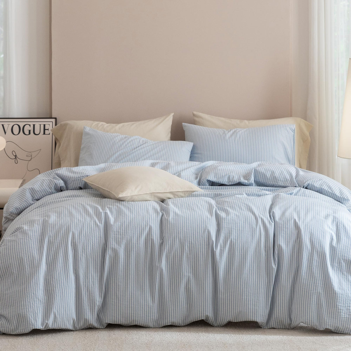 JIYUAN Queen Washed Cotton Duvet Cover Set, 3-Piece, Relaxed Linen Feel