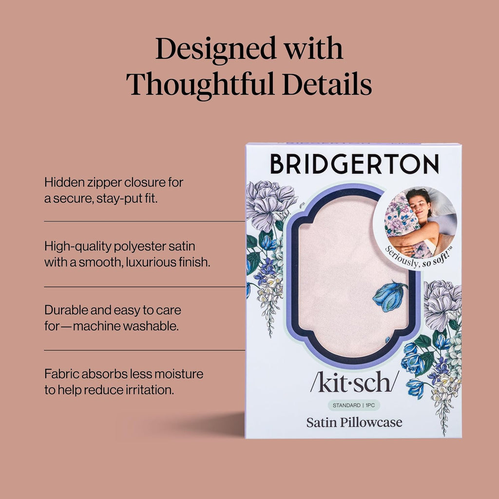 Bridgerton x Kitsch Satin Pillowcase W/Zipper - Size 19x26, Wisteria