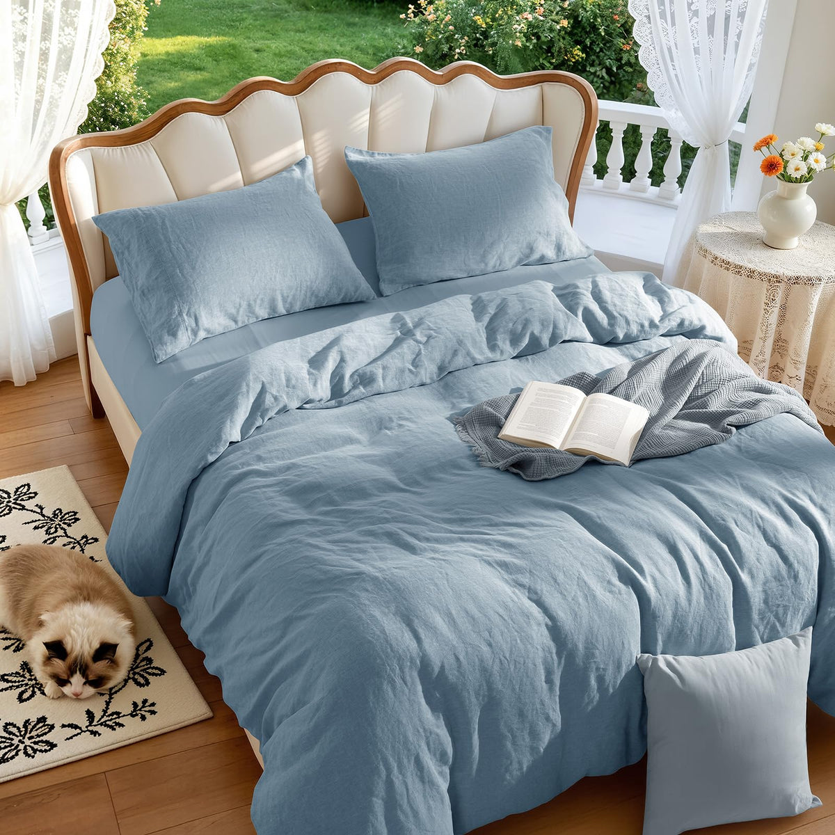 LBRO2M 100% French Linen Duvet Cover Set 3Pcs, Comforter Cover King Size
