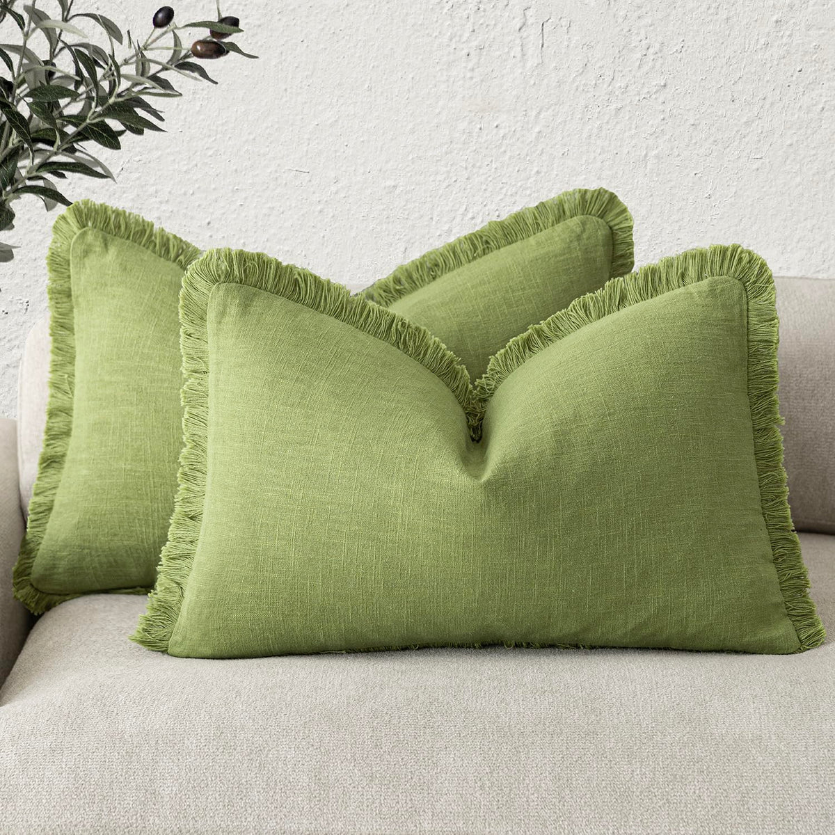 Foindtower Decorative Linen Fringe Throw Pillow Covers 20×20 Olive Green