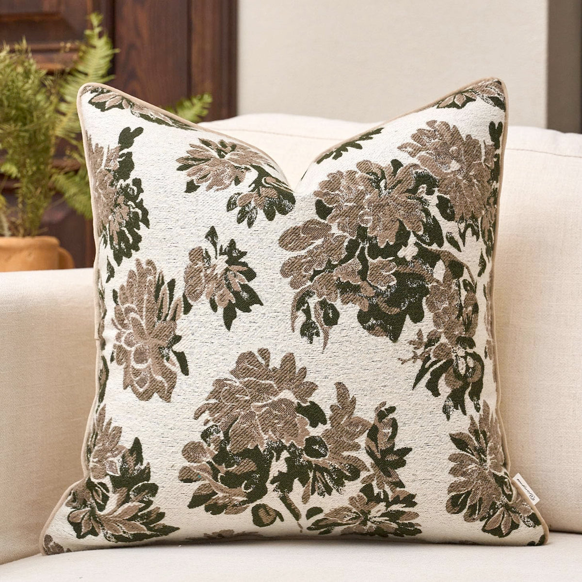 Green Floral Textured Throw Pillow Cover 18x18 Fall Vintage Rust Pillow Cover Farmhouse Summer Leaf Cushion Cover Chenille Neutral Flower Pillowcase Home Decor for Sofa Living Room Bedding