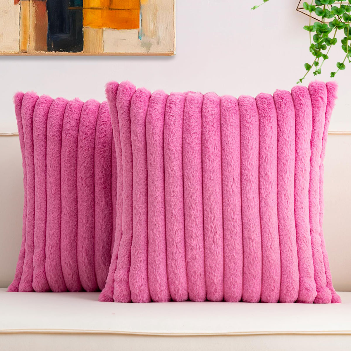 Aegero Pack of 2 Faux Fur Christmas Throw Pillow Covers 18x18 Inch, Pink