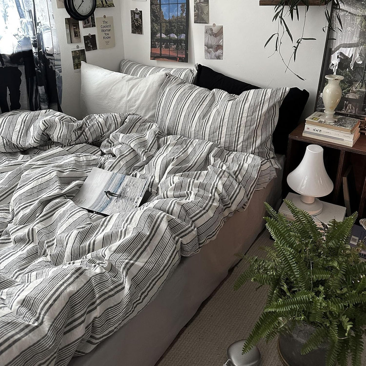 mixinni Retro Striped Duvet Cover Set King - 100% Natural Cotton 3-Piece Vintage Red Stripes Pattern Printed Bedding Set, Soft Breathable Comforter Cover with Zipper Closure & Corner Ties, King Size