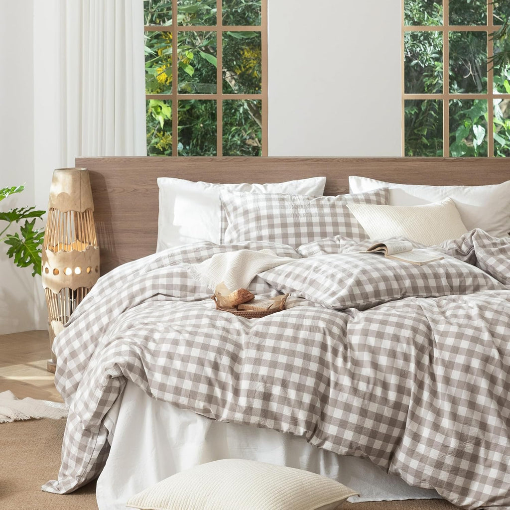 MooMee Gingham Duvet Cover Set 100% Washed Cotton Linen Like King
