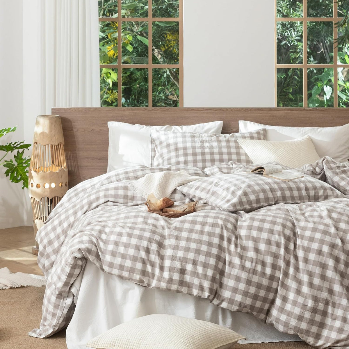 MooMee Gingham Duvet Cover Set 100% Washed Cotton Linen Like King